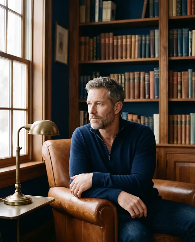 A man in a navy sweater sits forward in a leather chair in his study, deep in thought